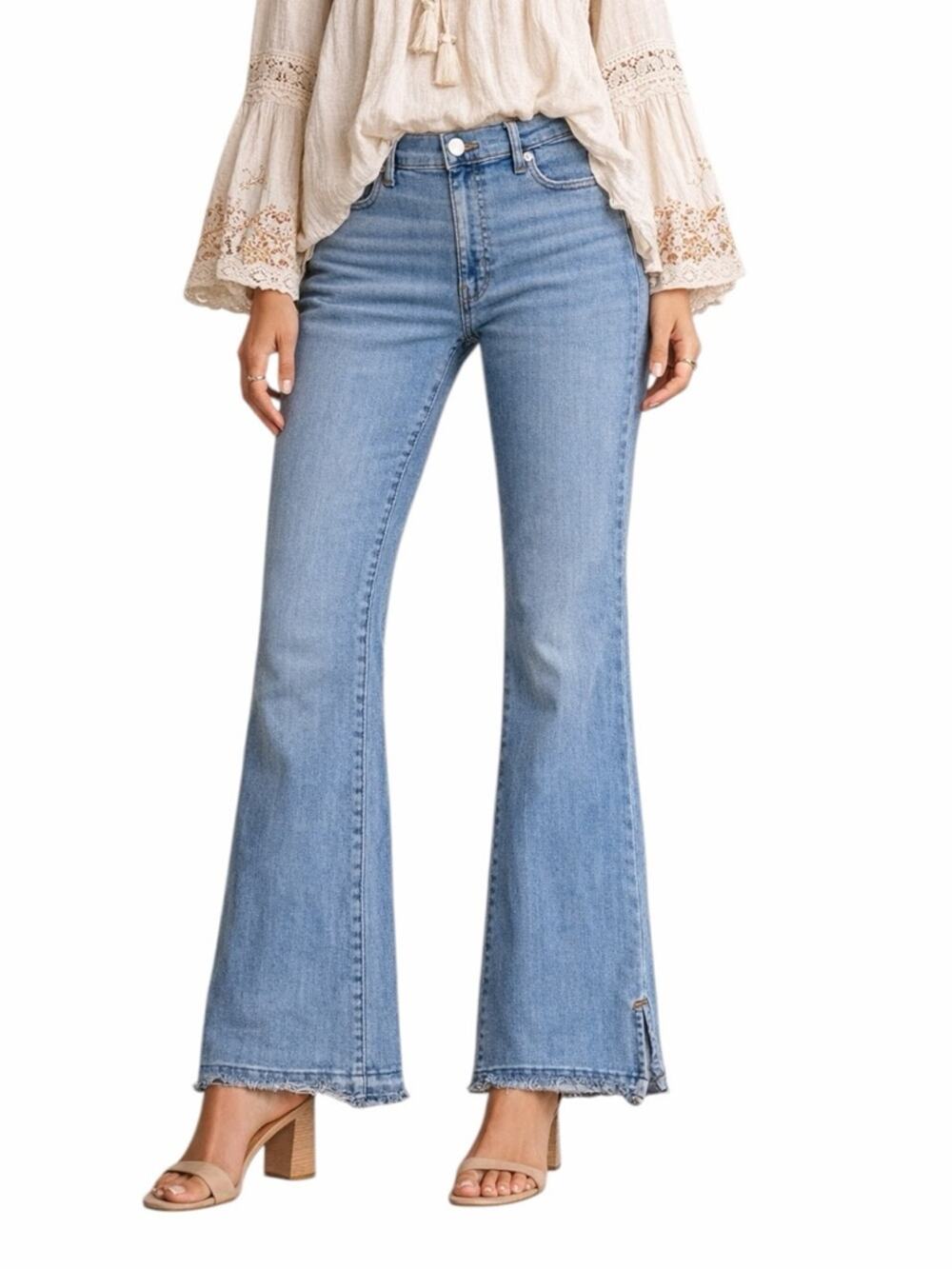 FRAME Le High Flare Jeans Quirky Released Split Hem Blue Size 32 High Rise Boho
